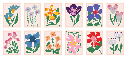 Plakat Retro floral vector poster collection with colorful hand drawn wildflowers, tulips, poppies and botanical leaves in mid century inspired compositions