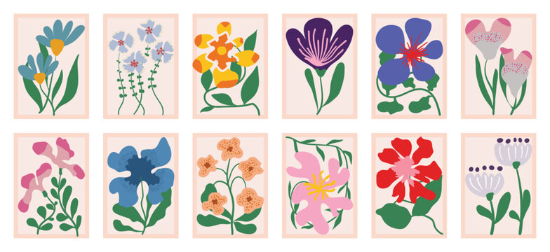 Retro floral vector poster collection with colorful hand drawn wildflowers, tulips, poppies and botanical leaves in mid century inspired compositions