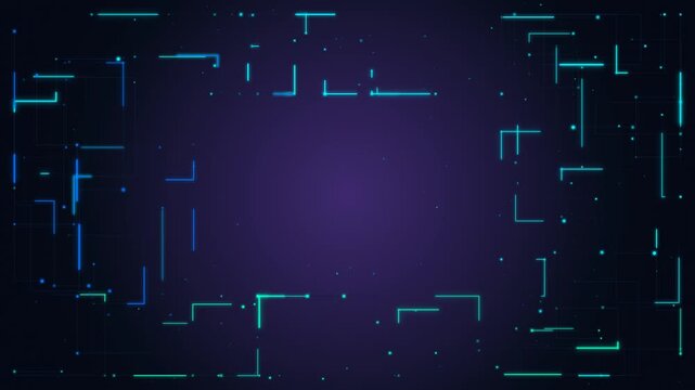 Glowing neon circuit lines frame moving on dark purple background, for digital technology, cyber security, data processing, electronic connections, futuristic innovation, modern