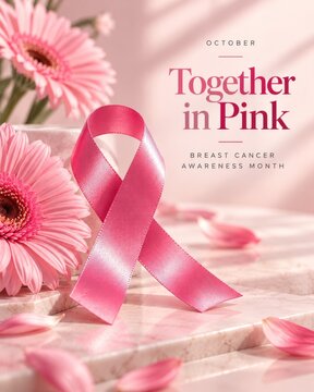 Pink ribbon surrounded by flowers for breast cancer awareness