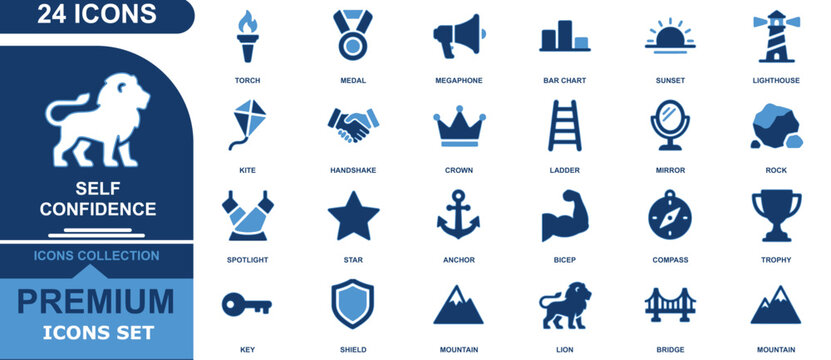 Set of twenty four blue icons for self confidence and personal strength