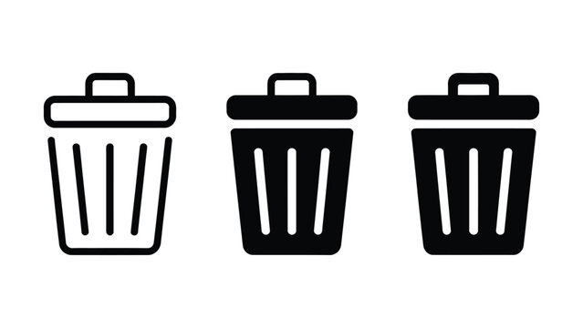 Trash can delete icons set in linear outline and solid filled styles for ui recycle bin vector illustration
