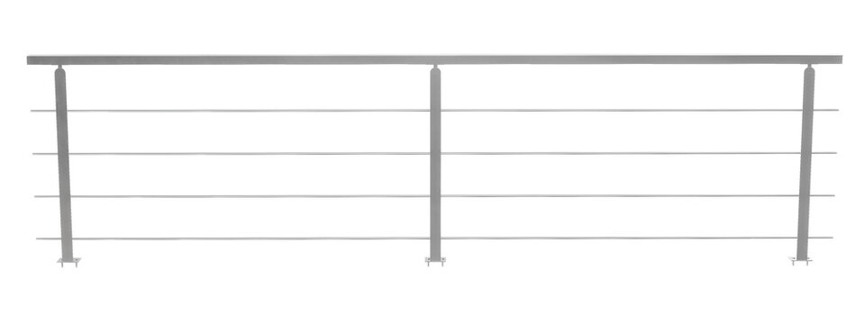 detailed 3d realistic render of a straight horizontal metal balustrade with stainless steel posts and wire cables designed for modern architectural safety barriers and minimalist deck railings