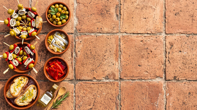 Overhead flat lay of Spanish tapas skewers and anchovies on terracotta tile