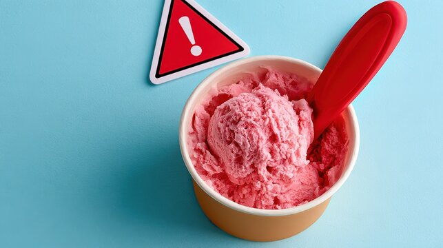 Frozen Dessert Recall. Close-up of an ice cream container beside a red warning symbol, high-resolution and high fidelity image.