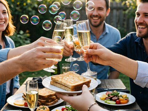 Happy smiling diverse group of young friends clinking glasses with sparkling wine and a humorous slice of toast bread during an outdoor backyard dinner party celebration.