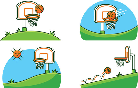 Outdoor basketball hoop and court cartoon badge set with bouncing balls green hills sun and sky vectors