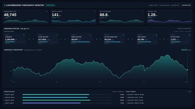 Llm embedding throughput monitor dashboard with real time metrics, for artificial intelligence performance tracking, system monitoring, data analytics in modern technology