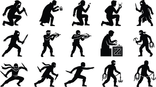 Collection of stealthy thief and assassin silhouettes in action poses with daggers and ropes isolated on a white background