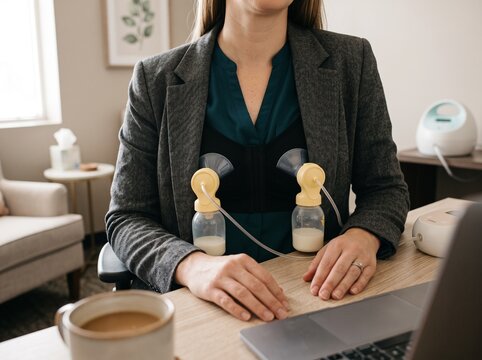 Woman working at desk with breast pump attached.