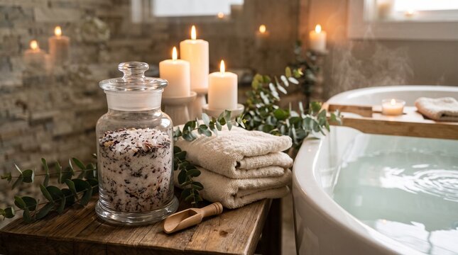 Relaxing spa bathroom with bath salts candles and steaming hot tub for ultimate relaxation