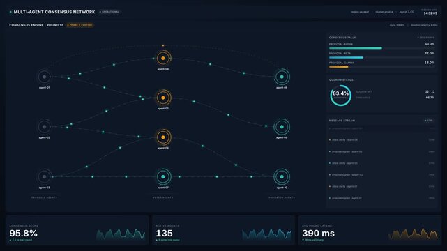Multi-agent consensus network dashboard with ai consensus tally quorum status, for decentralized node communication, distributed ledgers, blockchain technology, automated decision