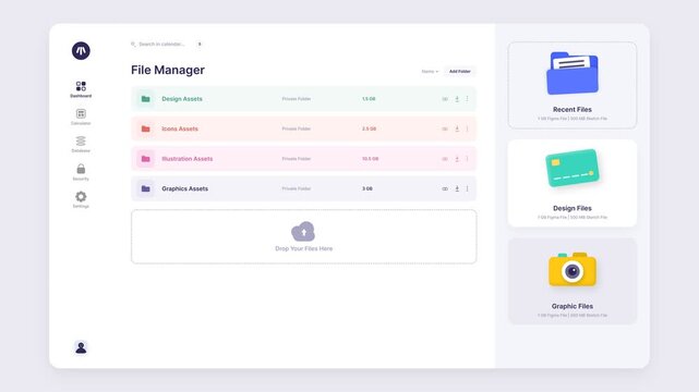 Dashboard user interface design layout with file manager application screen on computer display