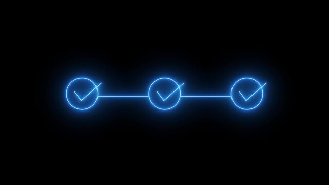 Glowing neon blue three step progress bar and animation with for business task completion and loading screens.Motion graphics of concept