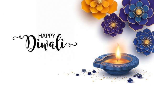 Happy diwali greeting with traditional diya and floral decorations on a white background, celebrating the festival of lights with joy and prosperity