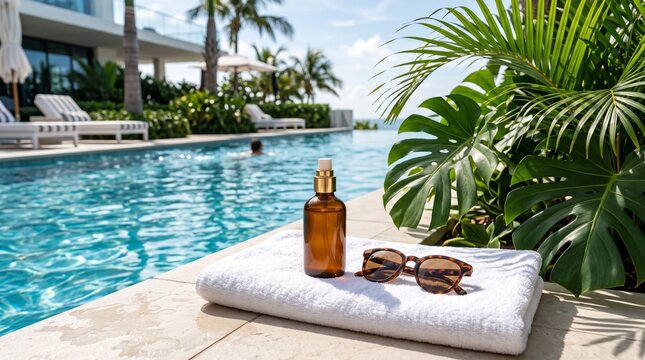 Luxury resort poolside with tanning oil, sunglasses, and tropical foliage on a sunny day