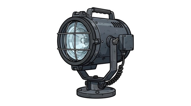 Hand drawn cartoon illustration of a heavy-duty industrial spotlight or military searchlight with a wire cage, isolated on a white background