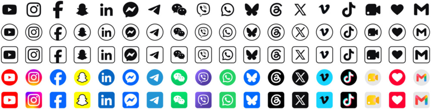 social media icon set or social network logos , facebook, instagram, threads, x, youtube, whatsapp, telegram, vimeo, tiktok, snapchat, pinterest, google meet, gmail, viber, flat vector icon