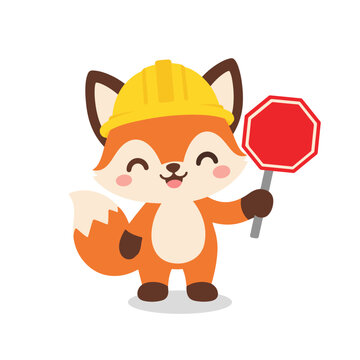 Cute Fox Wearing Yellow Hard Hat Construction Safety Worker Cartoon Illustration