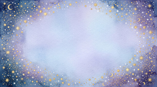 Watercolor night sky background with golden stars and crescent moons in a circular frame