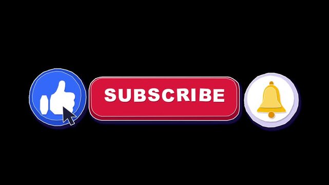 Social media subscribe and like button set with cursor click action on transparent background
