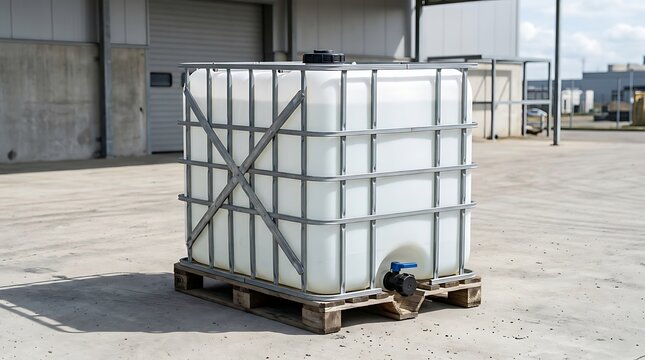 Large plastic water tank container on a wooden pallet inside an industrial warehouse storage facility. ibc container