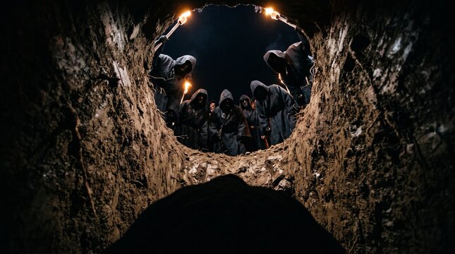 Group of hooded figures holding flaming torches looking down into deep dark dirt trench pit