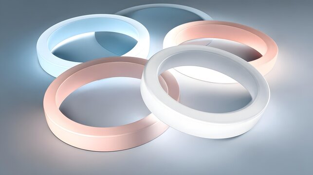 geometric rings floating within pale mist, cyan, peach, lavender, and white colors, airy futuristic abstract background