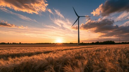 Obraz premium Breathtaking Sunset Over Golden Wheat Fields with Wind Turbine Silhouette Against Vibrant Sky Perfect for Sustainable Energy and Agriculture Themes