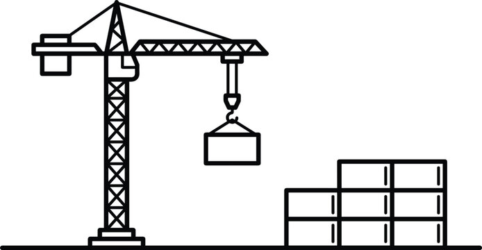 Industrial tower crane lifting heavy box cargo near stacked containers for shipping logistics port delivery business line vector