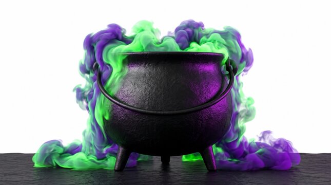 Black cast iron cauldron emitting vibrant green and purple swirling smoke against white background