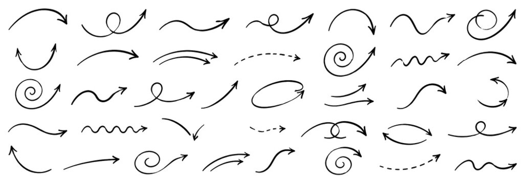 Hand Drawn Black Curved Arrow Doodle Collection, Flowing Directional Sketch Set