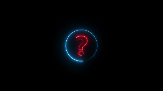 Neon question mark sign icon animation. animation circle confusion mark quiz sign symbol problem sign on black background. motion graphics of concept.