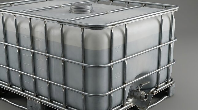 Large plastic water tank container inside a metal cage frame for industrial liquid chemical storage. ibc container