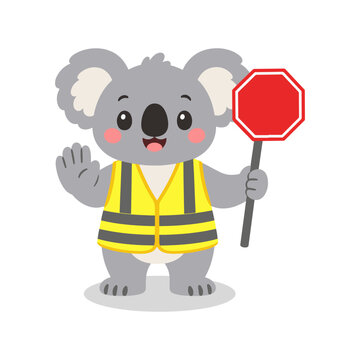 Cute Koala Crossing Guard with Stop Sign Yellow Vest Road Safety Cartoon Illustration