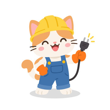 Cute Cat Electrician with Yellow Helmet Holding Power Plug Cartoon Illustration