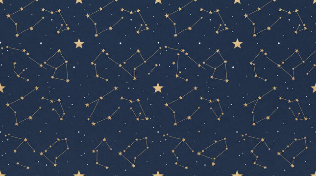 Seamless pattern with handdrawn constellations and stars on a dark blue background, celestial night sky wallpaper design
