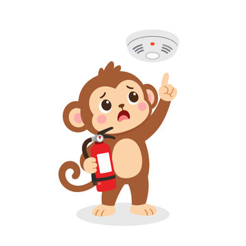 Cute Monkey Pointing at Smoke Detector Home Fire Alarm Cartoon Illustration