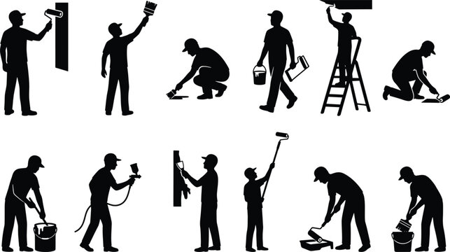 Set of black silhouettes of construction workers painting walls with brushes and rollers