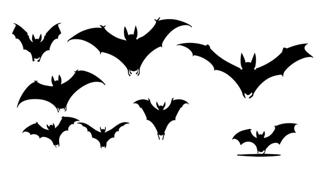 Minimalist Halloween seamless pattern with black flying bat silhouettes on white background.