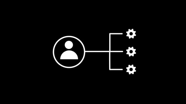 Animated gear with project manager icon on black background. Stakeholders management icon concept. Man people and gear icon. Motion graphics of setting concept with alpha channel
