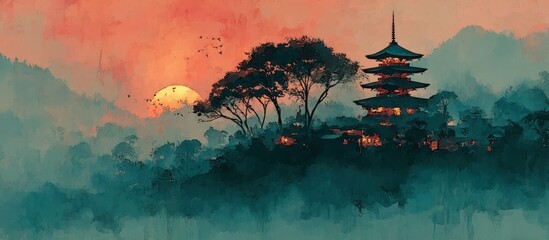 Obraz premium Stylized digital painting depicting a Japanese temple at sunset. Mountainous landscape, trees, and birds