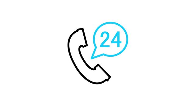 Animated 24 Hours call service and support icon for technical message, chat, phone center, contact, assistance, help desk, question, FAQ, guidance, info. Motion graphics with alpha channel 