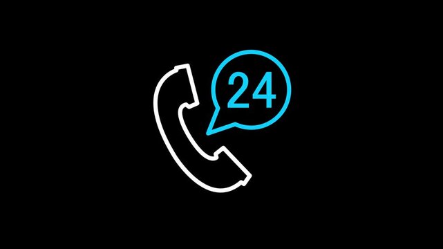 Animated 24 Hours call service and support icon for technical message, chat, phone center, contact, assistance, help desk, question, FAQ, guidance, info. Motion graphics with alpha channel 