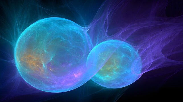 threads spiraling around transparent spheres, cyan and violet highlights, dark atmospheric environment, futuristic abstract art