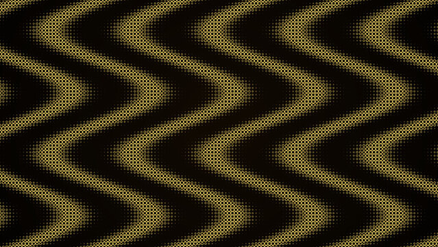 Wavy vertical lines of small golden dots on a dark black background, creating a flowing and rhythmic pattern with a metallic appearance isolated on a transparent background