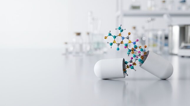 An open white capsule reveals colorful molecular structures emerging in a bright, clean laboratory environment.
