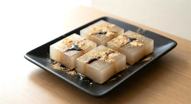 Translucent Starch Cakes with Dark Syrup and Roasted Soy Flour