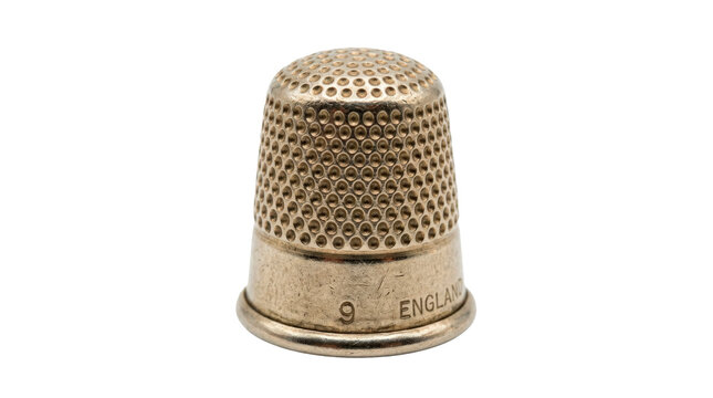 Classic metal thimble with compact domed shape, textured dimpled surface and smooth lower rim, durable sewing accessory designed to protect a fingertip during hand stitching. Photorealistic macro