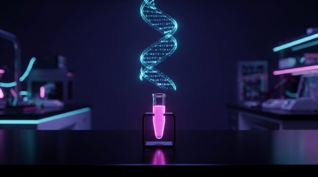 A lab test tube with glowing pink fluid is centered under a holographic DNA strand in a dark scientific setting.